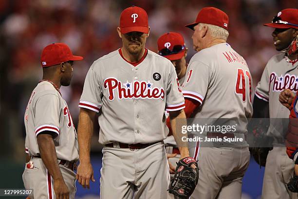 Brad Lidge of the Philadelphia Phillies is pulled against the St. Louis Cardinals in the eighth inning of Game Three of the National League Division...
