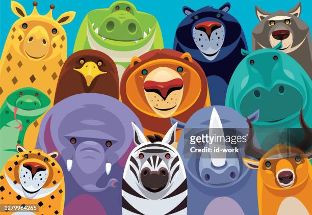 gruppe fröhlicher safaritiere - großwild stock-grafiken, -clipart, -cartoons und -symbole
