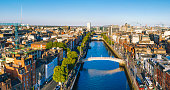 Dublin aerial with Ha'penny bridge and Liffey river during sunset in Dublin, Ireland