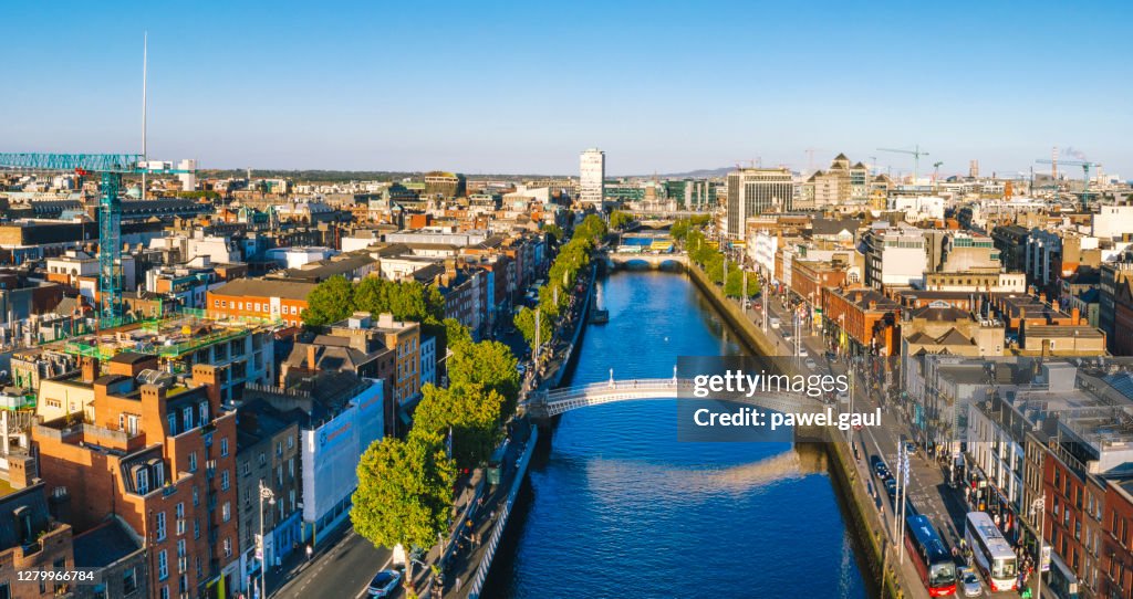 Dublin aerial with Ha'penny bridge and Liffey river during sunset in Dublin, Ireland