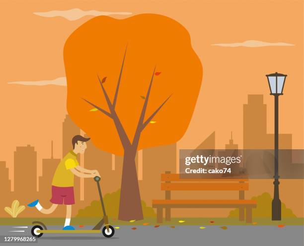 man is using scooter in public park - millennials outside stock illustrations
