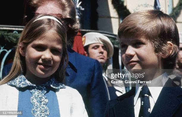 Prince Felipe of Borbon and Infanta Cristina at the victory parade, Madrid, Spain, 1975. .