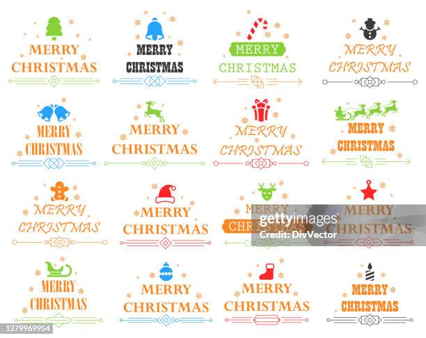 ilustraciones, imágenes clip art, dibujos animados e iconos de stock de conjunto de diseño de letras de feliz navidad - christmas logo