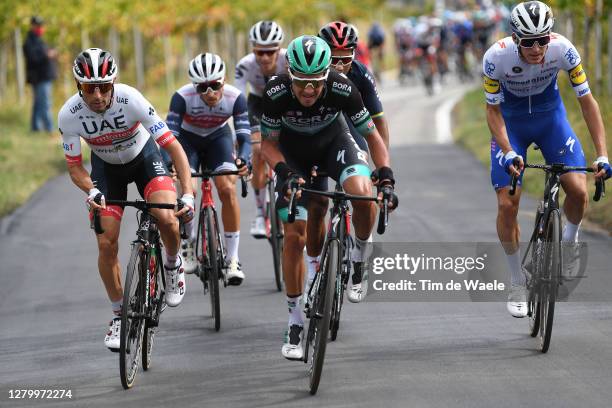 Diego Ulissi of Italy and UAE Team Emirates / Pawel Poljanski of Poland and Team Bora - Hansgrohe / Mikkel Honore of Denmark and Team Deceuninck -...