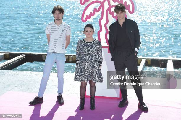 Théo Fernandez, Laurena Thellier and Maxence Danet-Fauvel attends the "Talents A Suivre" photocall at the 3rd Canneseries on October 13, 2020 in...