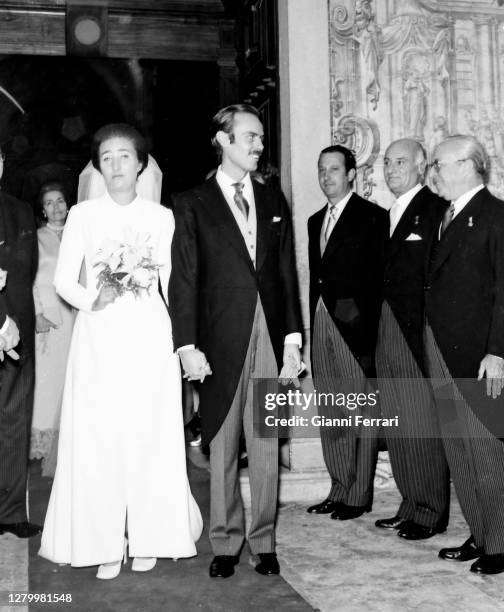 Prince Juan Carlos of Borbon in the wedding of his sister Margarita with Dr. Carlos Zurita, together with Infants Elena and Cristina, Estoril,...