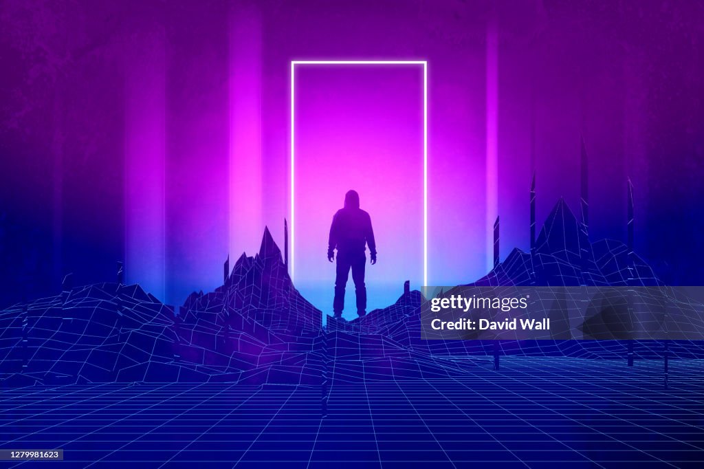 A silhouette of a man standing, back to camera. With a glowing neon doorway. With a synthwave, 80s edit.
