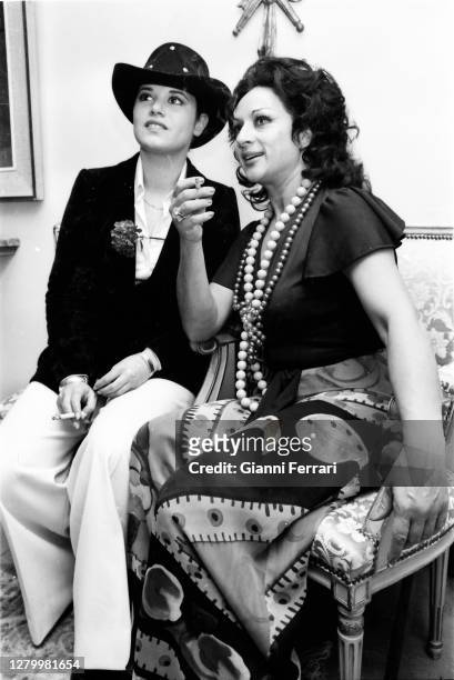 Spanish actress, singer and dancer Lola Flores with Spanish actress and singer Teresa Rabal, Madrid, Spain, 1973. .