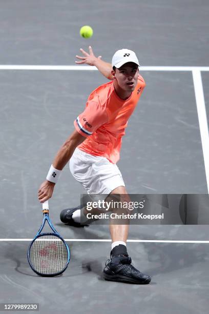 Daniel Altmaier of Germany plays a backhand during the match between Daniel Altmaier of Germany and Henri Laaksonen of Switzerland of day two of the...