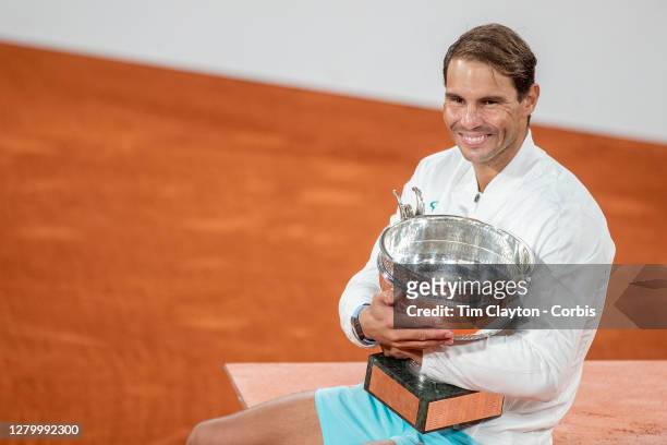 October 11. Rafael Nadal of Spain with the winners trophy after his victory against Novak Djokovic of Serbia in the Men's Singles Final on Court...
