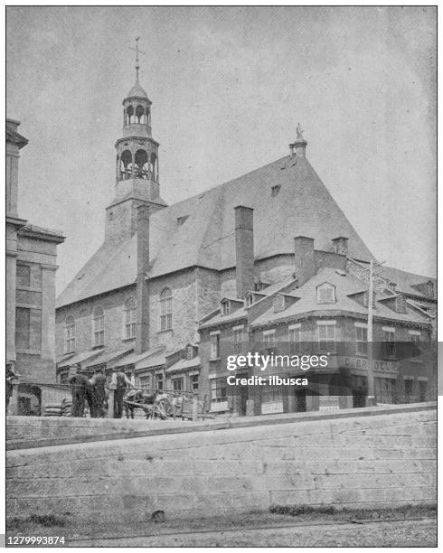 antique black and white photograph of montreal, canada: bonsecours church - old montreal stock illustrations