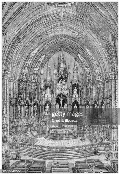 antique illustration of montreal, canada: notre dame church interior - notre dame de montreal stock illustrations
