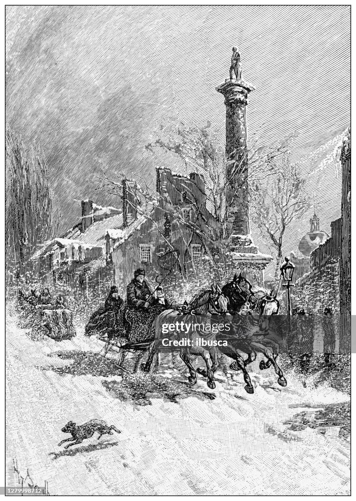 Antique illustration of Montreal, Canada: Nelson's Monument and Chateau de Ramesay