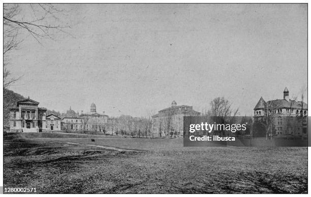 antique black and white photograph of montreal, canada: mcgill university, sherbrooke street - mcgill university stock illustrations