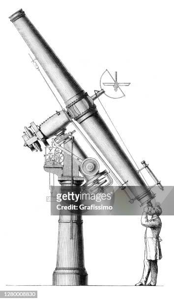 ilustraciones, imágenes clip art, dibujos animados e iconos de stock de científico astrónomo mirando a través del telescopio de astronomía - astrónomo