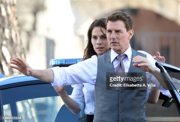 Tom Cruise and Hayley Atwell are seen filming Mission Impossible 7 at Via Dei Fori Imperiali on October 13, 2020 in Rome, Italy.