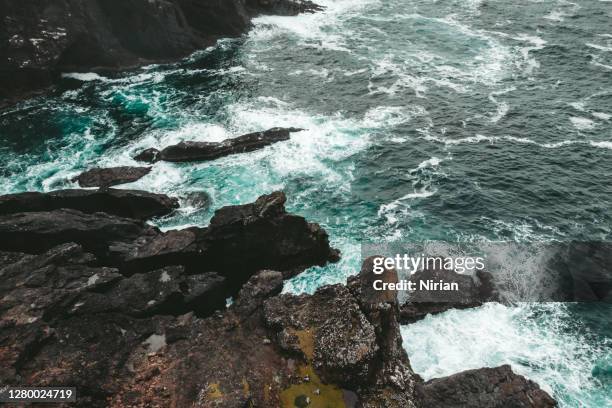 aerial view of the coastline and cliffs at eshaness - eshaness stock pictures, royalty-free photos & images