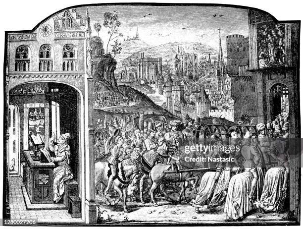 view of paris in the 15th century - circa 15th century stock illustrations