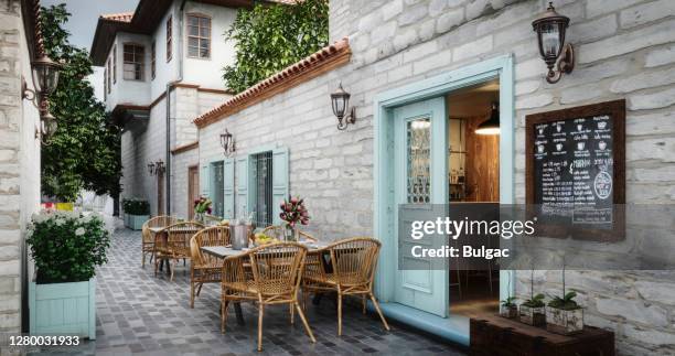 small café outdoor - cafe table chair outside stock pictures, royalty-free photos & images