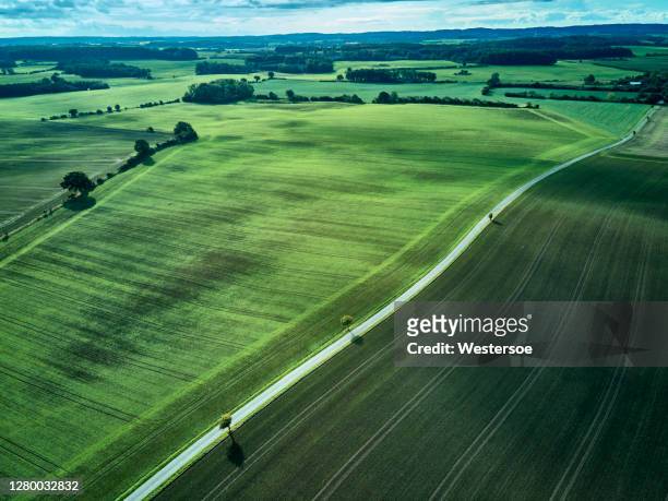 aerial view over farm land - denmark road stock pictures, royalty-free photos & images