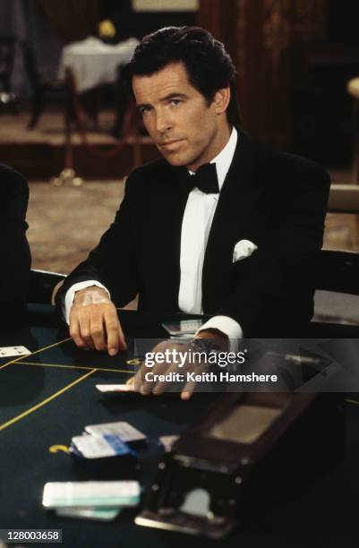 Irish actor Pierce Brosnan films a scene in the Casino de Monte Carlo, Monte Carlo, Monaco, for the James Bond film 'GoldenEye', 1995.