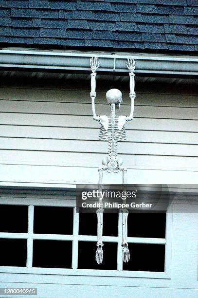 halloween decoration: skeleton hanging from gutter - dachziegel stock-fotos und bilder