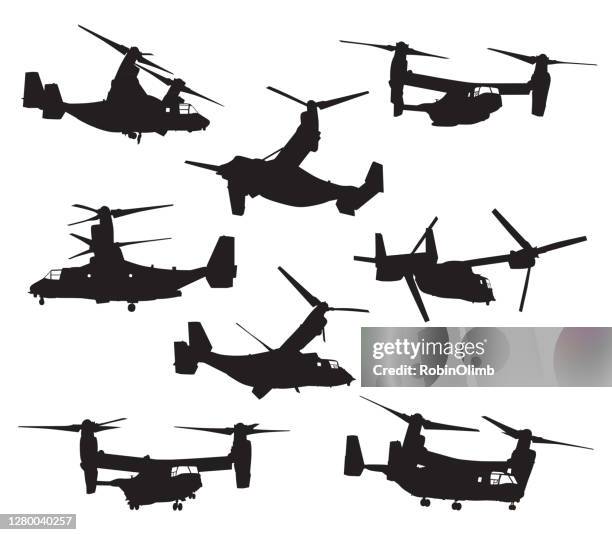 ilustraciones, imágenes clip art, dibujos animados e iconos de stock de siluetas de helicópteros de aviones militares - rotor basculante
