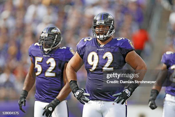 Baltimore Ravens Haloti Ngata on field with Ray Lewis during game vs Buffalo Bills at M&T Bank Stadium. Baltimore, MD CREDIT: Damian Strohmeyer