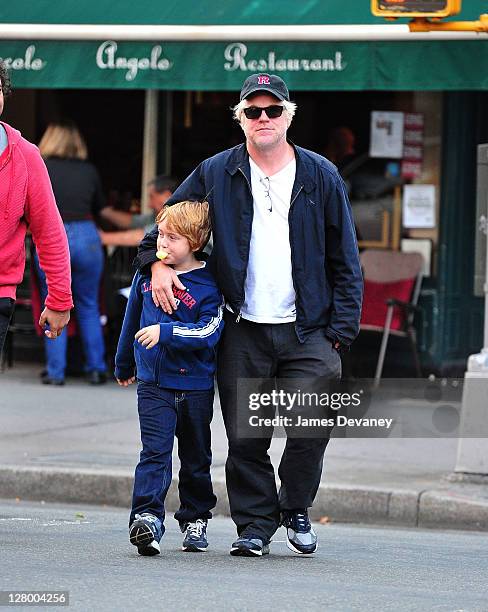 Philip Seymour Hoffman and son Cooper Alexander Hoffman seen walking in the West Village on October 4, 2011 in New York City.