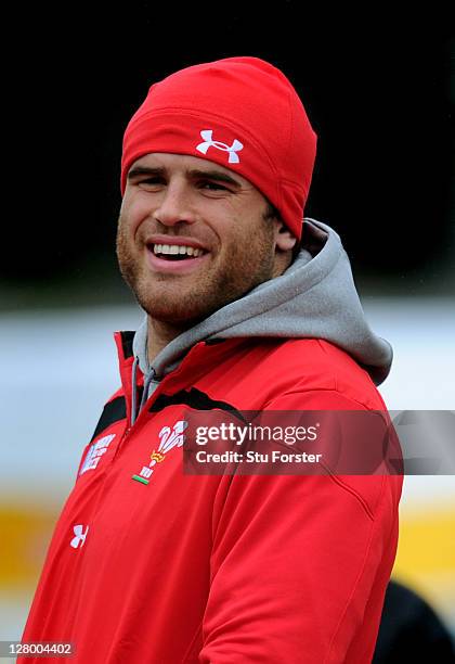 Centre Jamie Roberts looks on during a Wales IRB Rugby World Cup 2011 media session at Newtown Park on October 5, 2011 in Wellington, New Zealand.