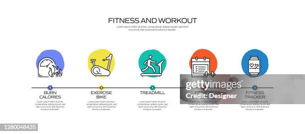 fitness and workout related process infographic template. process timeline chart. workflow layout with linear icons - runner stretching stock illustrations