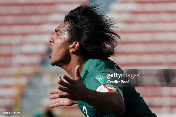 Marcelo Martins of Bolivia celebrates the first goal of his team during a match between Bolivia and Argentina as part of South American Qualifiers...