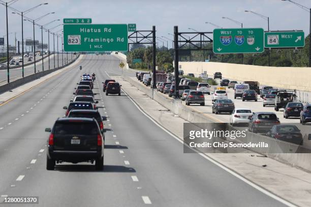 Democratic presidential nominee Joe Biden's motorcade heads for Southwest Focal Point Community Center for a campaign event October 13, 2020 in...