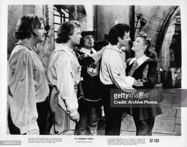 From left, Alan Hale Jr, Dan O'Herlihy, unknown, Cornel Wilde, and Maureen O'Hara in a scene from the film 'At Sword's Point', aka 'Sons of the...