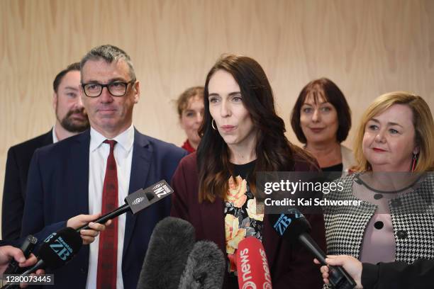 New Zealand Prime Minister Jacinda Ardern speaks to the media following a walkabout in the CBD on October 14, 2020 in Christchurch, New Zealand. The...