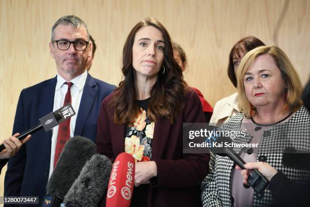 New Zealand Prime Minister Jacinda Ardern speaks to the media following a walkabout in the CBD on October 14, 2020 in Christchurch, New Zealand. The...