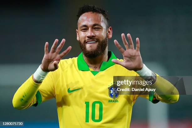 Neymar Jr. Of Brazil celebrates the first goal of his team with a penalty kick during a match between Peru and Brazil as part of South American...