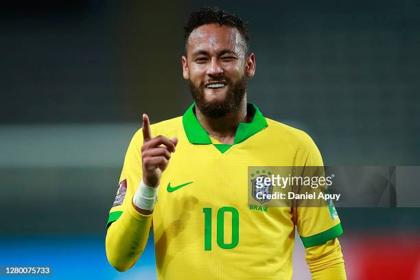 Neymar Jr. Of Brazil celebrates the first goal of his team with a penalty kick during a match between Peru and Brazil as part of South American...