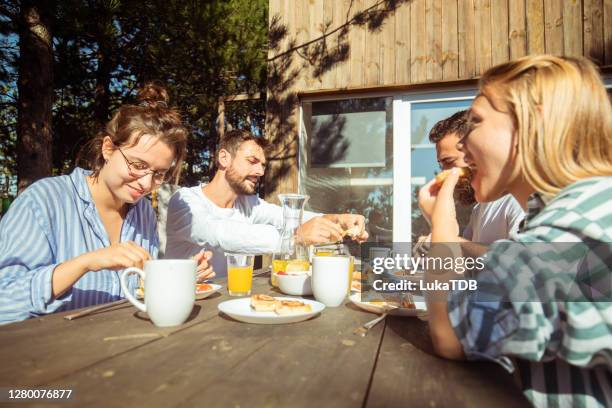 good friends, good food, good times - morning breakfast stock pictures, royalty-free photos & images