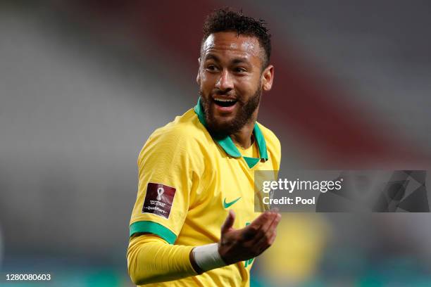 Neymar Jr. Of Brazil gestures during a match between Peru and Brazil as part of South American Qualifiers for Qatar 2022 at Estadio Nacional de Lima...