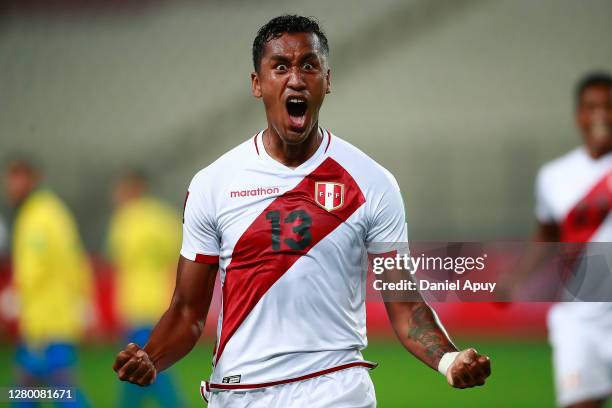 Renato Tapia of Peru celebrates after scoring the second goal of his team during a match between Peru and Brazil as part of South American Qualifiers...