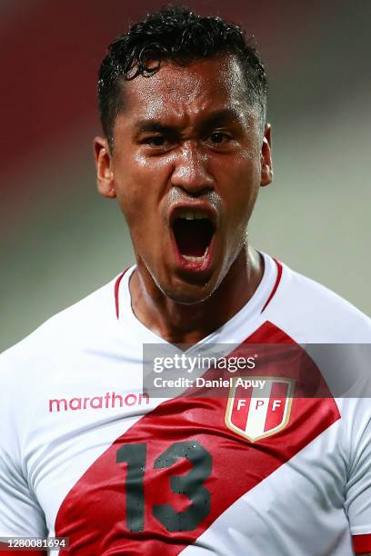 Renato Tapia of Peru celebrates after scoring the second goal of his team during a match between Peru and Brazil as part of South American Qualifiers...