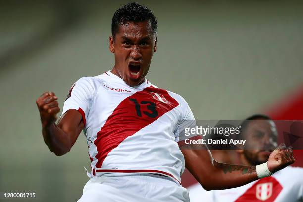 Renato Tapia of Peru celebrates after scoring the second goal of his team during a match between Peru and Brazil as part of South American Qualifiers...