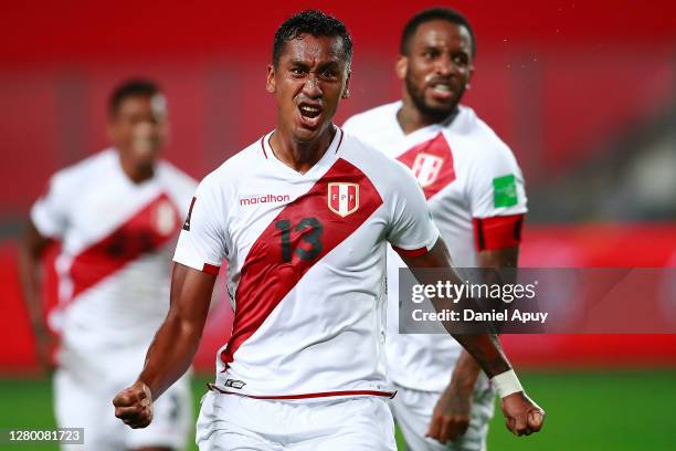 Renato Tapia of Peru celebrates after scoring the second goal of his team during a match between Peru and Brazil as part of South American Qualifiers...