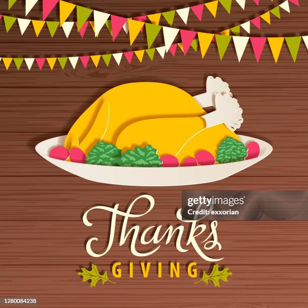 thanksgiving roast turkey dinner - roasted vegetables stock illustrations