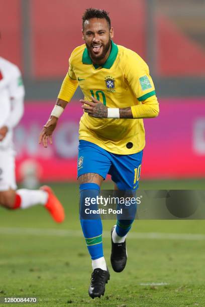 Neymar Jr. Of Brazil celebrates after scoring the third goal of his team during a match between Peru and Brazil as part of South American Qualifiers...