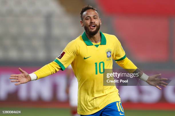 Neymar Jr. Of Brazil celebrates after scoring the fourth goal of his team during a match between Peru and Brazil as part of South American Qualifiers...