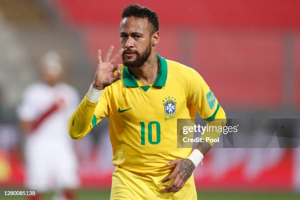 Neymar Jr. Of Brazil celebrates after scoring the fourth goal of his team during a match between Peru and Brazil as part of South American Qualifiers...