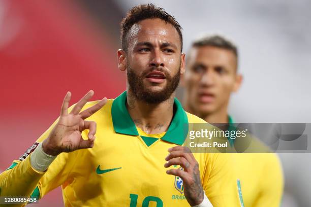 Neymar Jr. Of Brazil celebrates after scoring the fourth goal of his team during a match between Peru and Brazil as part of South American Qualifiers...