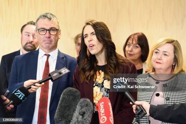 New Zealand Prime Minister Jacinda Ardern speaks to the media following a walkabout in the CBD on October 14, 2020 in Christchurch, New Zealand. The...